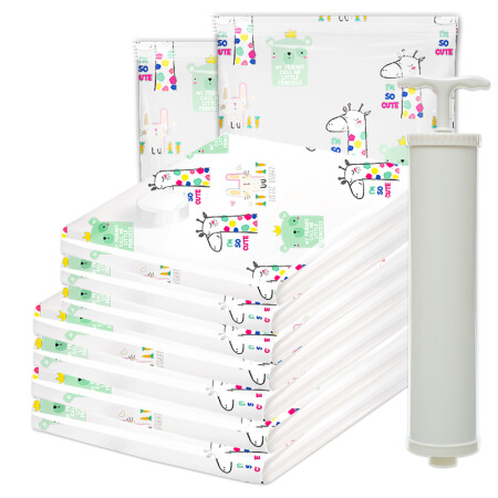 禧天龙 Citylong 真空压缩袋棉被衣物收纳袋 8件套（3小+4中+1手泵）萌宠印花S-8748