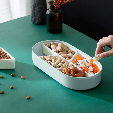 柯良惠子 塑料分格干果盘家用创意零食盘客厅糖果盘带盖瓜子盘 浅绿