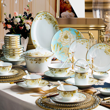 卢米 碗碟套装家用欧式瓷碗高档个性骨瓷碗盘陶瓷景德镇餐具饭碗 56头雅公主