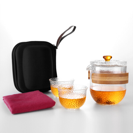 单良 日式旅行功夫茶具套装便携包式玻璃快客杯一壶二杯泡茶杯家用简约 环竹茶具套装