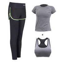 范迪慕 运动套装女健身服女瑜伽跑步健身房弹力修身运动健身瑜伽服套装 20346-绿色边-短袖三件套-XL