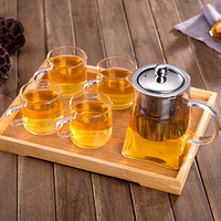 洁雅杰玻璃茶具套装6件套(1茶壶+4茶杯+1竹茶盘)耐热玻璃煮茶壶茶盘套装礼盒装整套茶具套装 YGE-9807