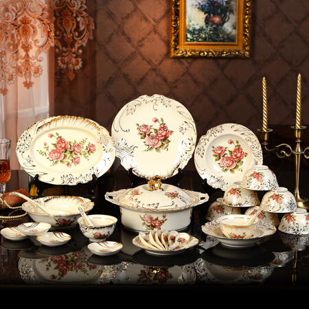 友来福 碗碟套装碗盘家用 欧式组合韩式陶瓷个性中式 创意日式餐具套装 玫瑰28头