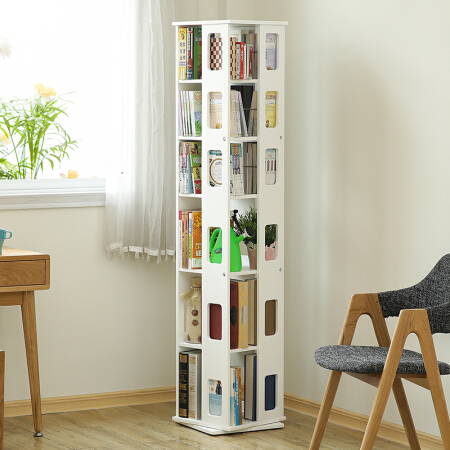 香木语 简约实木书架旋转书架收纳书橱360度小书柜置物架创意落地 白色六层小款