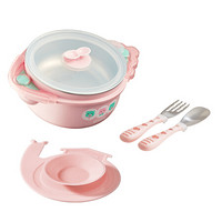 贝斯熊儿童餐具三件套装3182粉色 婴儿辅食工具保温吸盘碗勺子叉子便携316不锈刚餐具