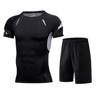 潮流假期 运动套装健身服男士健身房跑步篮球速干紧身透气短裤T恤两件套 NZ9003-黑拼灰-短袖两件套-M