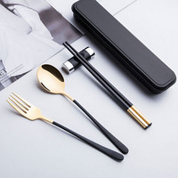 创建 Crthl 304不锈钢筷子勺子套装 创意儿童学生白领韩式叉子便携式餐具套装便携盒 三件套黑金色
