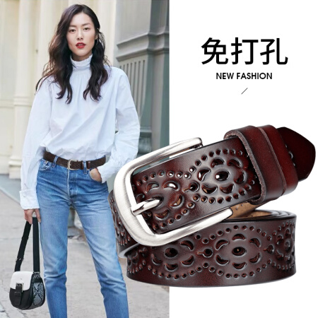 斯提亚（STIYA）皮带女士时尚潮流女式针扣牛皮腰裤带休闲镂空免打孔细腰带 891S081001咖色