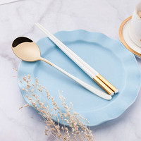创建 Crthl 304不锈钢筷子勺子套装 创意儿童学生白领韩式叉子便携式餐具套装便携盒 二件套白金色