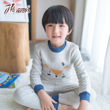 顶瓜瓜男童三层保暖内衣秋冬夹棉加厚宝宝保暖衣中高领儿童秋衣秋裤纯棉男孩内衣套装AK08068  麻灰 110