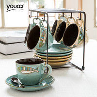 悠瓷（youcci） 陶瓷咖啡杯下午茶杯子欧美式咖啡套具6杯套装带碟勺架咖啡杯碟 鱼趣六杯六碟
