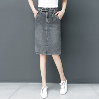 维迩旎 2019秋冬季新品女装牛仔裙半身裙女大码中长款A字包臀裙松紧腰裙子 GZZXRR788 烟灰色 L