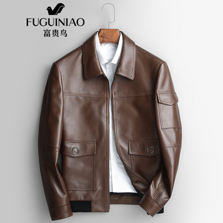 富贵鸟 FUGUINIAO 真皮皮衣 男士时尚夹克男装新品韩版潮流绵羊皮休闲短款外套男 18244FGHS2035 黄色 L