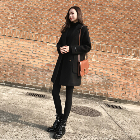 沫欣 2019秋冬新品女装流行大衣女冬小个子毛呢外套宽松加厚赫本呢子大衣 zx5440-8985MX 黑色 XXL