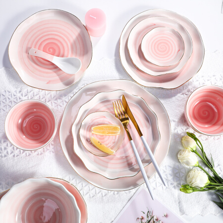 唐贝 餐具套装 北欧家用碗碟套装陶瓷碗筷礼盒送礼多头组合 粉色大理石21头
