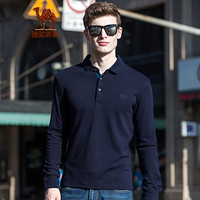 骆驼（CAMEL）男装 纯色门筒领绣标长袖商务休闲青年T恤polo衫D7A024317深蓝M