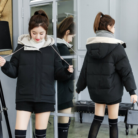 HMDIME 2019冬季新款棉服女 韩版前短后长棉衣潮学生连帽面包服小个子外套 LYXH8801 黑色 S