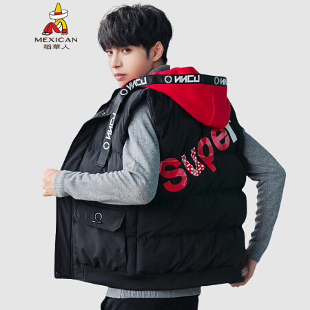 稻草人 MEXICAN 马甲男 青少年时尚百搭无袖外套2019秋冬季新款宽松韩版印花背心坎肩 黑色 XL