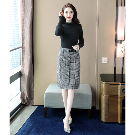 一塘晨秋装新款女时尚复古格子高腰修身显瘦长款半身裙 S93R4067BA2224L 灰色格纹L