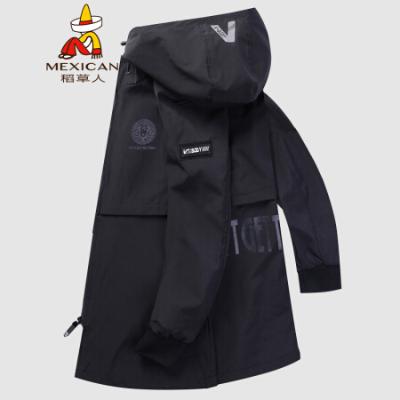 稻草人（MEXICAN）风衣男中长款2019秋冬新款衣服男时尚英伦大衣男修身百搭韩版连帽夹克男装外套 黑色 M