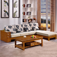 摩高空间实木沙发组合新中式沙发客厅家具大小户型沙发冬夏两用三人位+贵妃椅+茶几套装