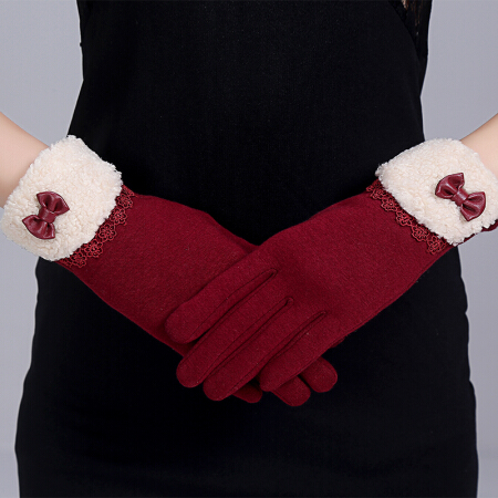GLO-STORY 手套女 冬季女手套户外骑车触屏保暖蝴蝶结毛线手套WST844163 枣红