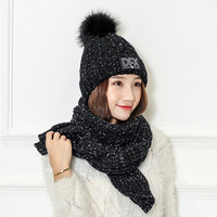 MAXVIVI冬款女青年围巾帽子套装 韩版保暖针织加绒字母毛线帽子冬天女WWJ843225 黑色