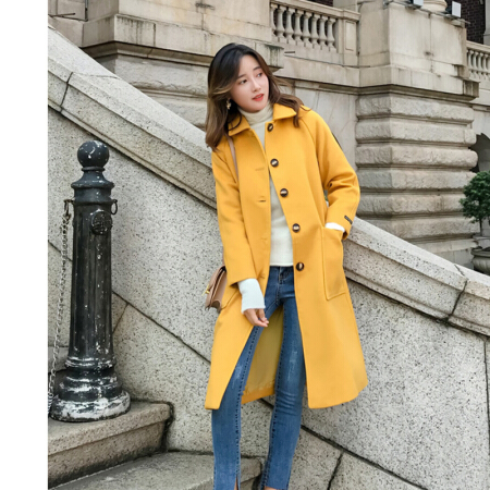 JOY OF JOY 2019冬季新款女装黄色毛呢外套女中长款韩版流行过膝呢子大衣 JWDY199741 黄色 L