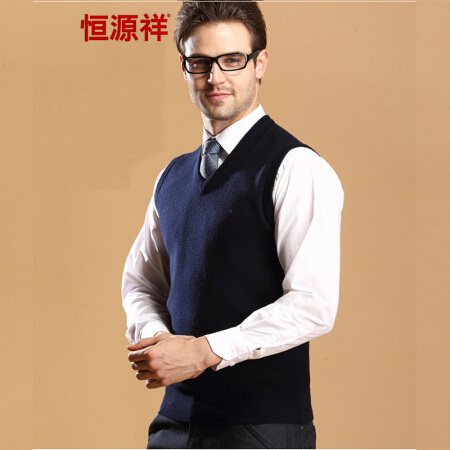 恒源祥羊毛马甲背心中老年男士休闲V领针织羊毛衫 中兰 185/100A/125