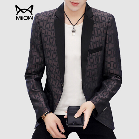 猫人（MiiOW）西服男士潮流撞色格子小西装单西便服外套QT4016-3-963灰色M