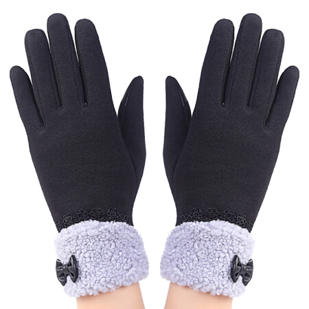 GLO-STORY 手套女 冬季女手套户外骑车触屏保暖蝴蝶结毛线手套WST844163 黑色
