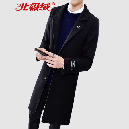 北极绒（Bejirong）风衣外套男 2019秋冬季新款韩版时尚毛呢中长款加棉外套修身风衣  B345-F21 黑色 3XL