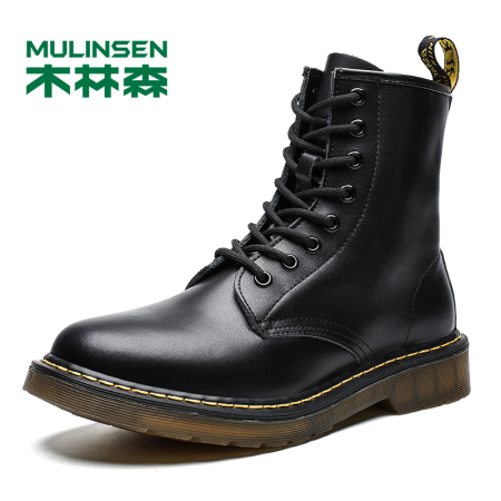 木林森（MULINSEN）工装靴时尚休闲高帮英伦男鞋系带潮流百搭马丁靴 黑色 38码 1460