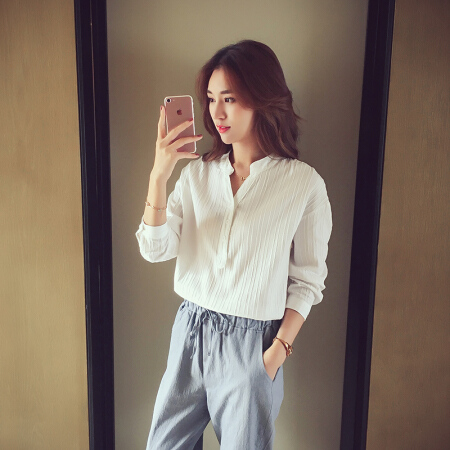 JOY OF JOY 春装宽松白衬衫女V领套头打底衫长袖上衣 JWCC178532 白色 L