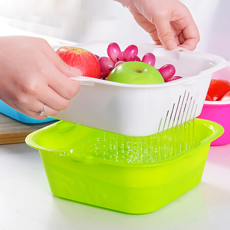 CHAHUA 茶花 HAHUA 茶花 收纳篮双层洗菜篮 滤水篮洗菜篮 果蔬漏盆淘菜筛子 大中小 3只装