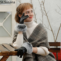 圣苏萨娜手套女冬季保暖加绒防寒羊皮兔毛口时尚骑车可触屏真皮手套SSN010 黑色 L