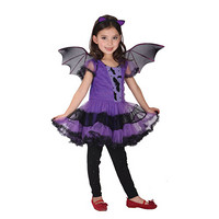 捷昇 万圣节服装装饰道具儿童演出服 女童紫蝙蝠服装礼服（含头饰、衣服、翅膀） 公主裙 10-12岁XL码