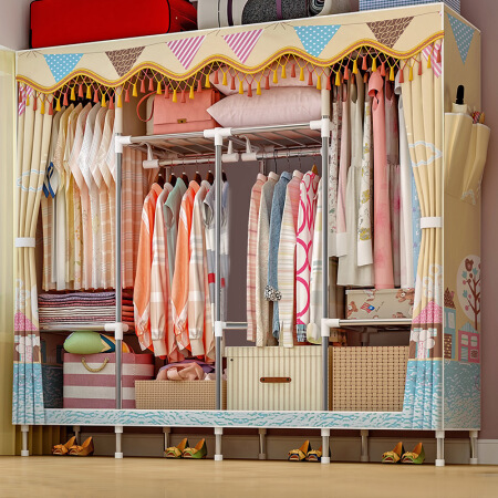 蜗家简易衣柜双人布衣柜加厚加粗全钢架衣橱组装衣服收纳柜子大号布艺衣柜