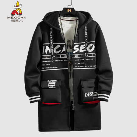 稻草人（MEXICAN）风衣男中长款外套男青年宽松大衣2019秋冬季新款帅气印花字母连帽夹克男装 黑色 L