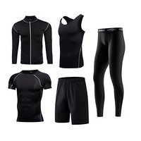 范迪慕 运动套装男健身服透气速干弹力训练篮球运动服跑步 FNZ9001-黑色拼线-短袖外套五件套-L