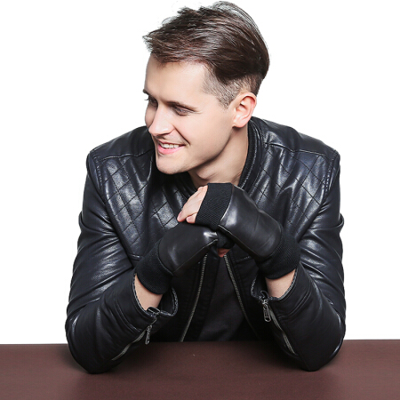 GLO-STORY 手套男 冬加绒加厚摩托车羊皮保暖骑行开车冬季男士露指罗口手套礼盒装MST844201 黑色