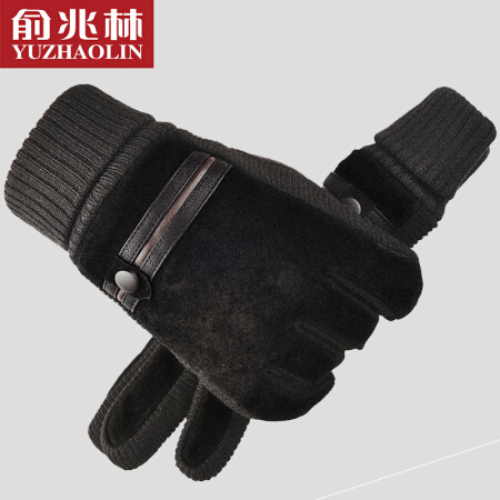 YUZHAOLIN 俞兆林 皮手套男冬加绒加厚户外防风骑行摩托车分指触屏真皮手套男士黑色
