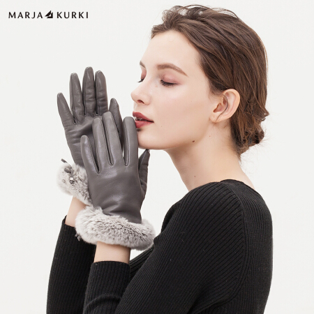 玛丽亚.古琦（玛丽亚古琦 MARJA KURKI）羊皮手套獭兔毛圈口薄绒触屏保暖防风羊皮手套女礼盒装秋天童话 5GG40L283 浅灰L