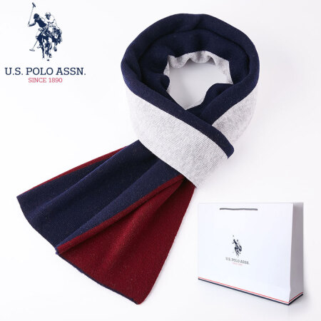 U.S.POLO ASSN. 羊毛围巾男士秋冬季经典格子围巾男式学生加厚保暖针织围脖男 5094023072 上青