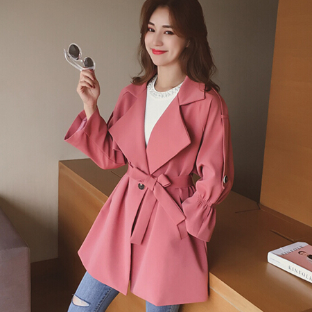 JOY OF JOY 韩版休闲宽松翻领风衣女中长款外套荷叶袖系带大衣 JWDY179741 粉色 S