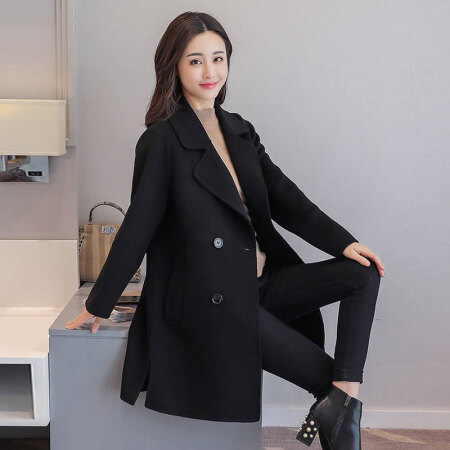 BANDALY 2018秋季女装新品毛呢大衣女韩版双排扣小香风复古呢子大衣中长款外套  YJC1918 黑色 L