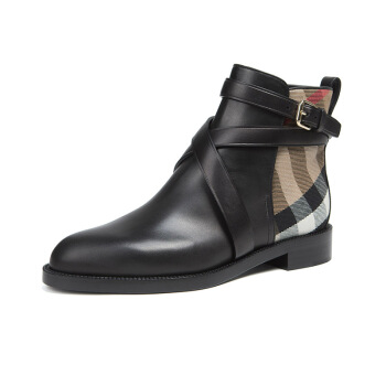 BURBERRY 巴宝莉 女士黑色棉牛皮拼接格纹及踝靴 80048671 4/37