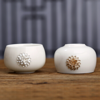 常生源 茶杯 镶银 白瓷 情侣杯 办公泡茶杯 带礼盒 同心花语对杯