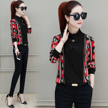 AUDDE 2019秋季新款女装新品花色雪纺衫女上衣小衫洋气时尚女装潮打底衫 HZ6047-1886 红项链 XXL