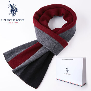 U.S.POLO ASSN. 羊毛围巾男士秋冬季经典格子围巾男式学生加厚保暖针织围脖男 5094023072 黑红